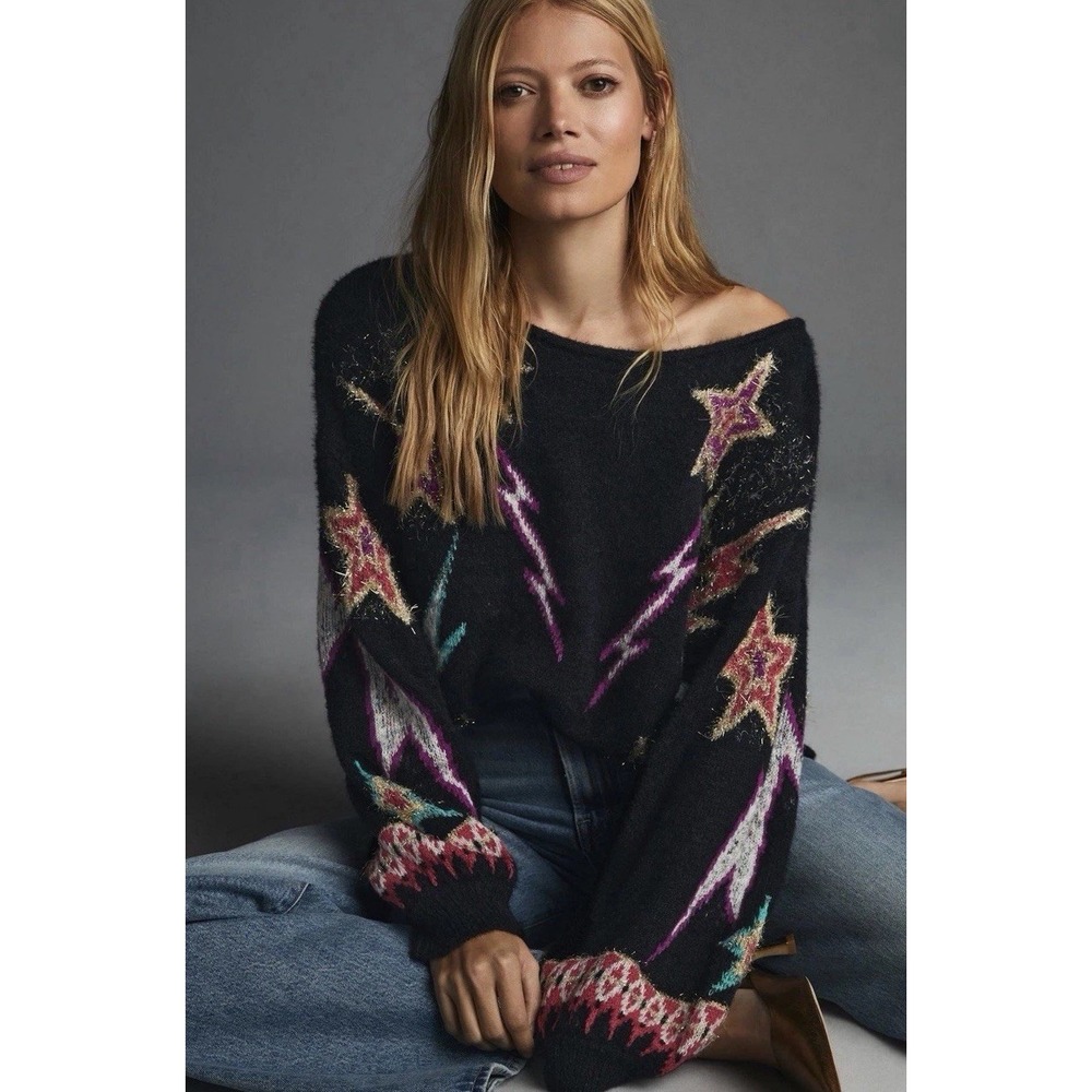 Anthropologie Pilcro Sparkle Star Metallic Pullover Boxy Knit Sweater Black Sz S